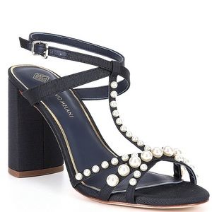 NWT Antonio Melani Gretta Pearl Embellished Ankle Strap Block Heels